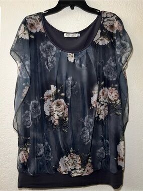 Grey Floral Chiffon Overlay Blouse